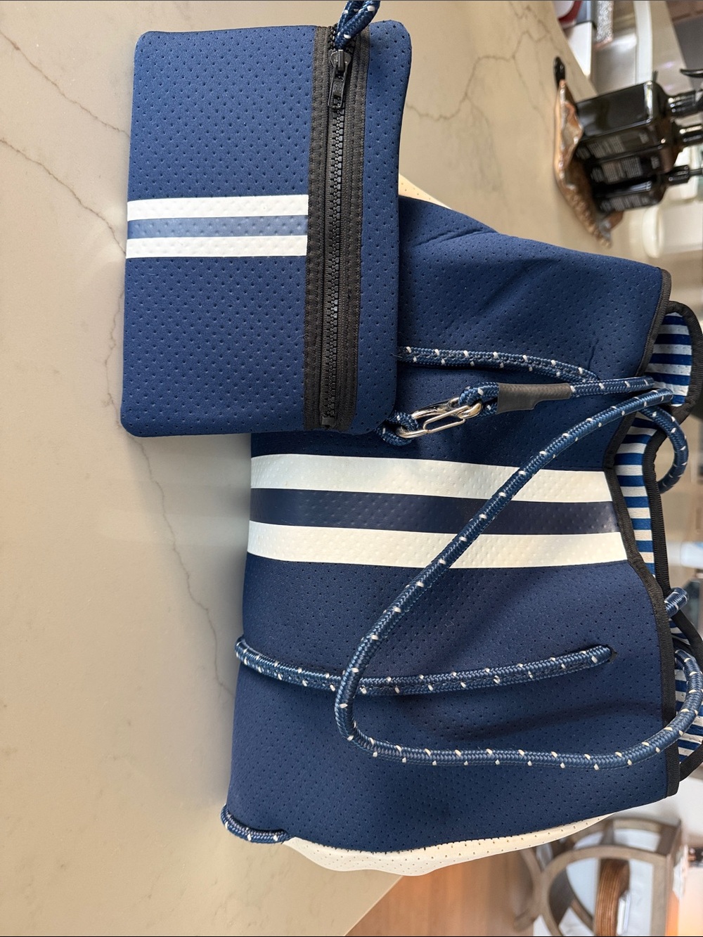 HAUTE SHORE Navy Blue and White Striped Tote with Zip Pouch